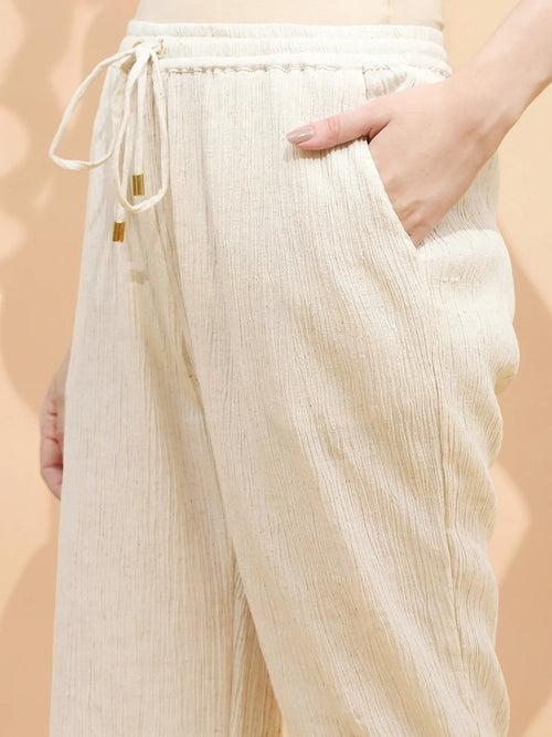 Natural Beige Linen Loose Fit Lower For Women