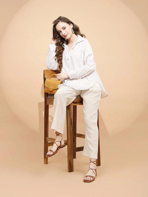 Natural Beige Linen Loose Fit Lower For Women