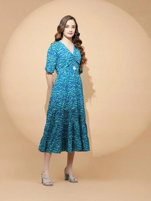 Blue And Green Polyester Blend Fit & Flare Dress For Women