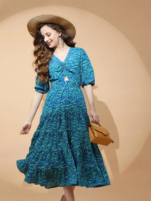 Blue And Green Polyester Blend Fit & Flare Dress For Women
