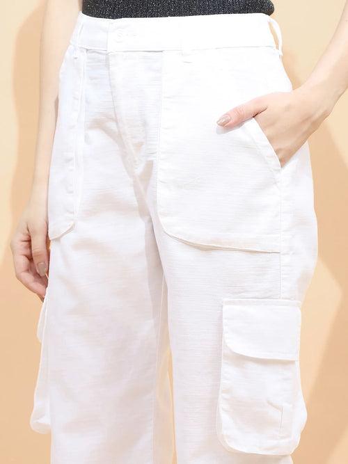 White Cotton Loose Fit Jogger For Women