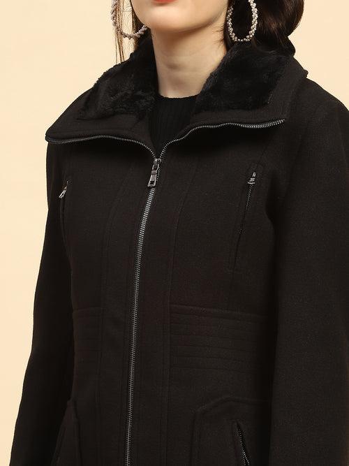 Black Solid Poly Blend Relaxed Fit Coat