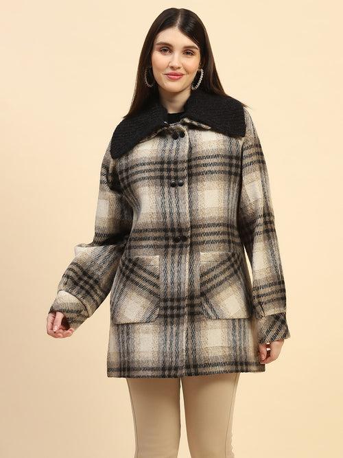 Grey Checkerd Poly Blend Relaxed Fit Coat