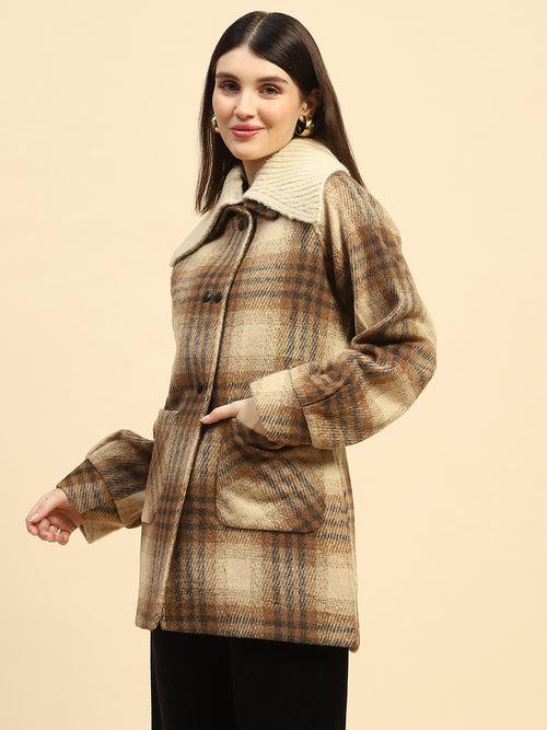 Brown Checkerd Poly Blend Relaxed Fit Coat