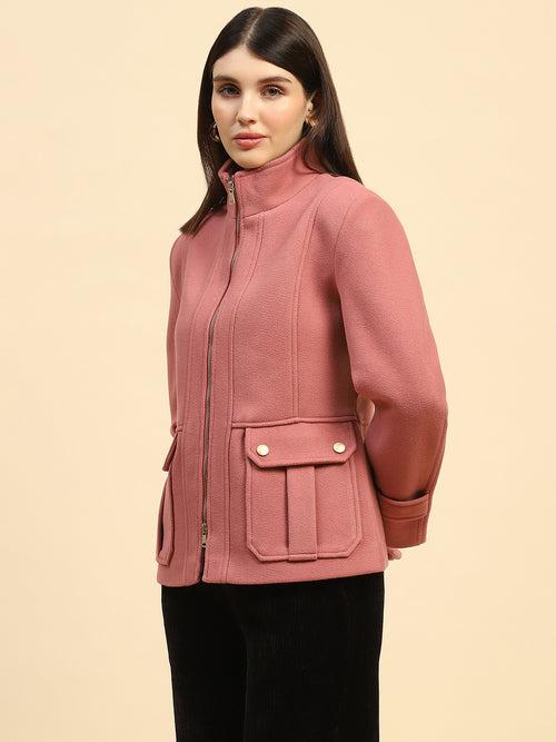 Onion Pink Solid Poly Blend Relaxed Fit Jacket