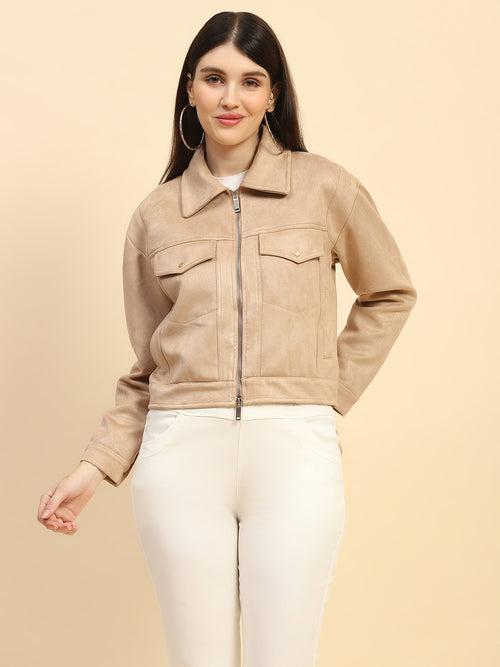 Beige Solid Suede Relaxed Fit Jacket