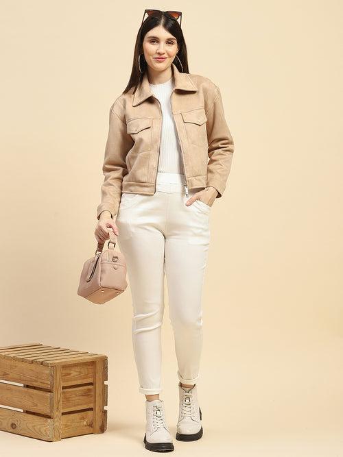 Beige Solid Suede Relaxed Fit Jacket