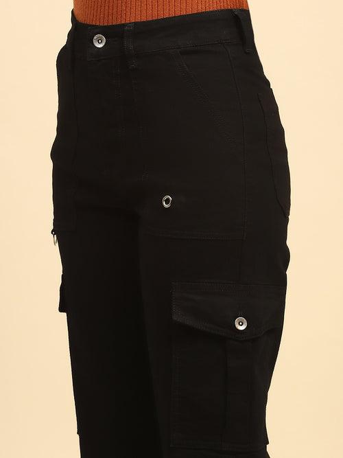 Jet Black Solid Cotton Blend Straight Fit Cargo