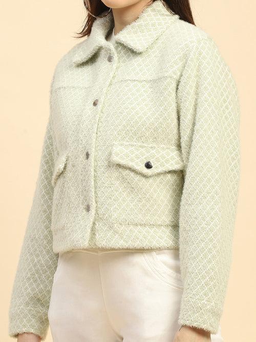 Basil Green Checkerd Poly Blend Relaxed Fit Jacket