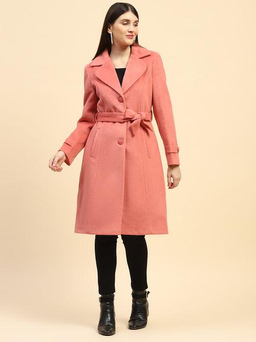 Hot Coral Solid Poly Blend Relaxed Fit Long Coat