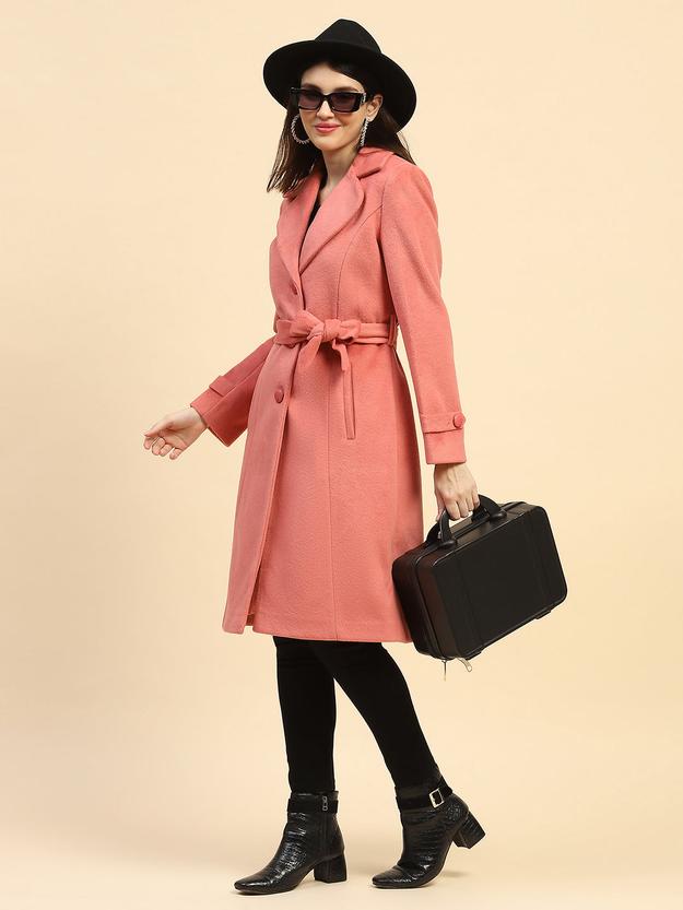 Hot Coral Solid Poly Blend Relaxed Fit Long Coat