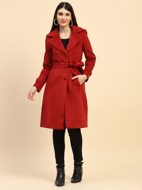 Maroon Solid Poly Blend Relaxed Fit Long Coat