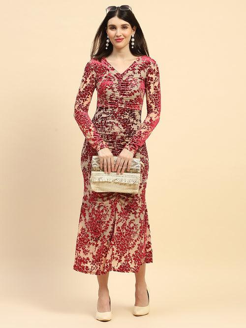 Maroon Floral Embossed Poly Blend Stretchable Slim Fit Ankle Length Dress