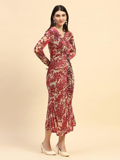 Maroon Floral Embossed Poly Blend Stretchable Slim Fit Ankle Length Dress