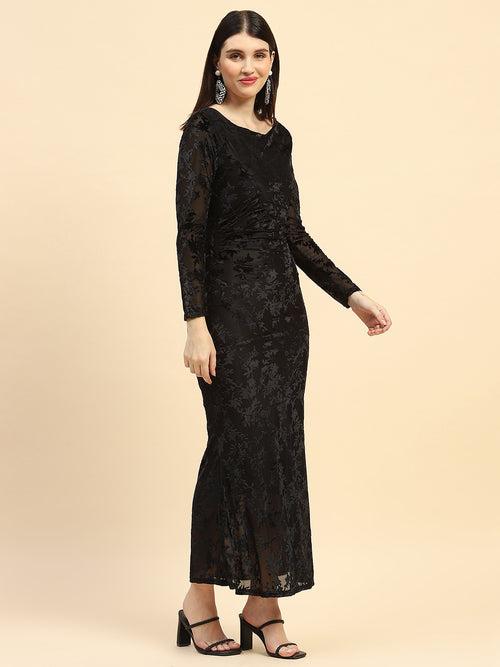 Black floral texture Poly Blend Slim Fit Dress