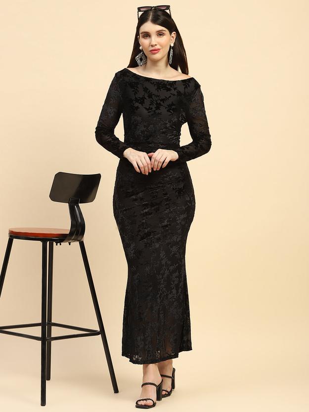 Black floral texture Poly Blend Slim Fit Dress