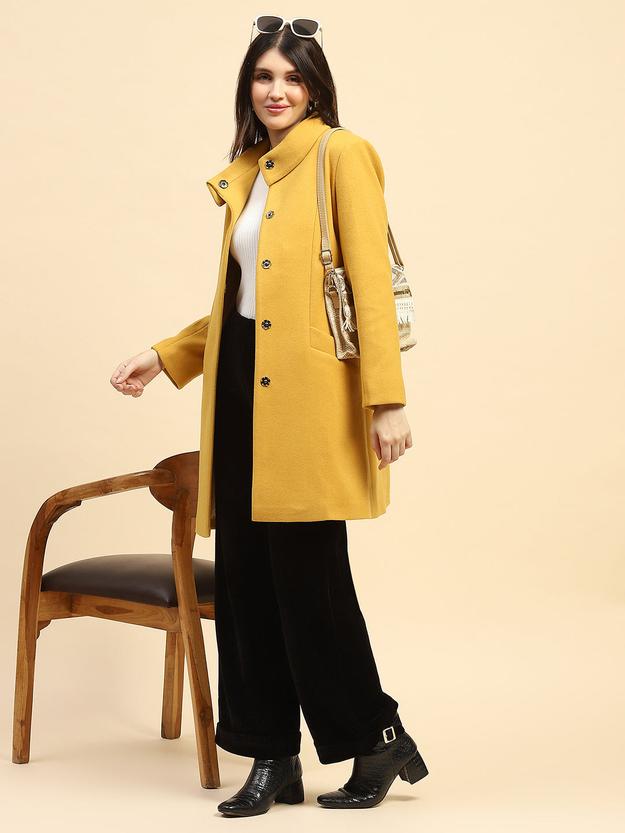 Mustard Solid Poly Blend Relaxed Fit Long Coat