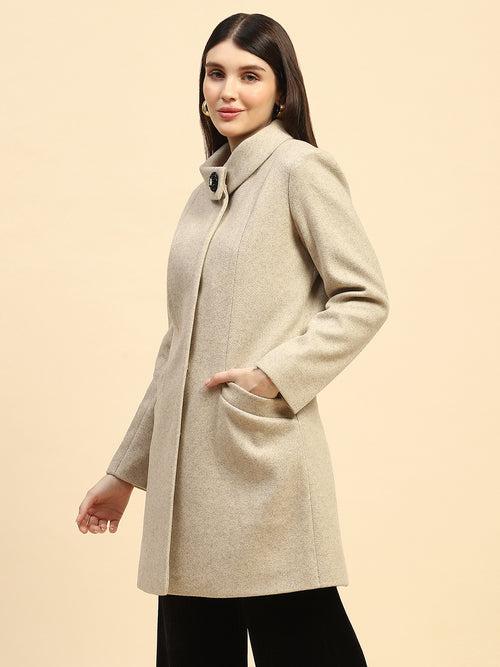 Beige Melange Solid Poly Blend Relaxed Fit Long Coat