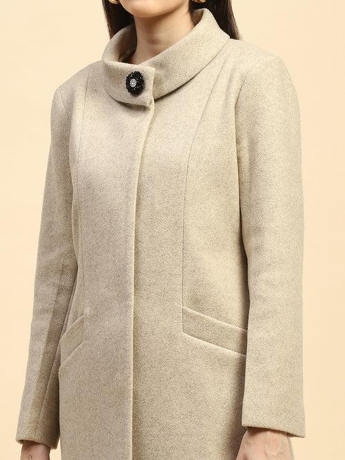 Beige Melange Solid Poly Blend Relaxed Fit Long Coat