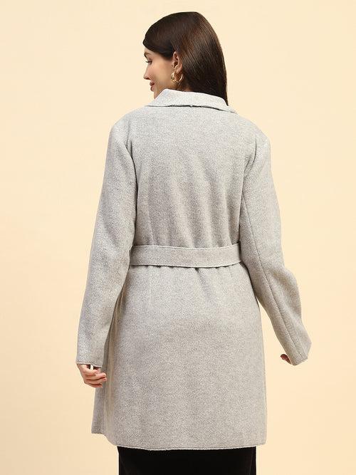 Grey Melange Solid Poly Viscose Relaxed Fit Long Coat