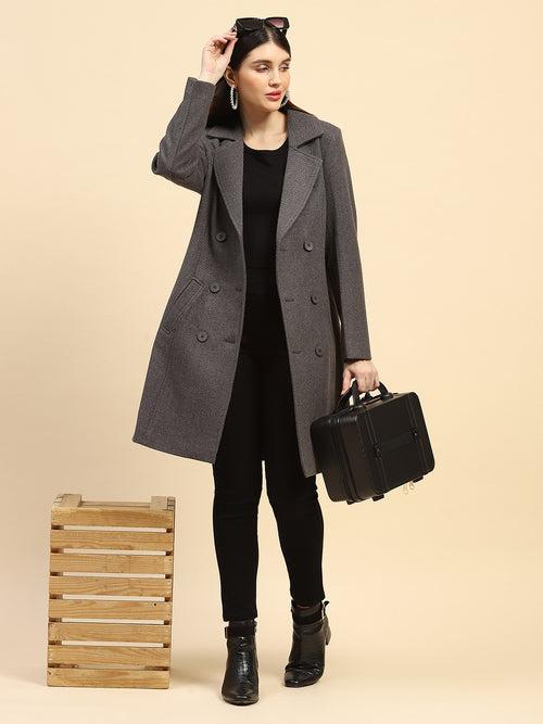 Dark Grey Solid Poly Blend Relaxed Fit Long Coat