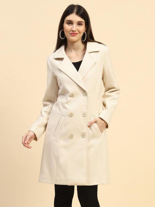 Cream Solid Poly Blend Relaxed Fit Long Coat