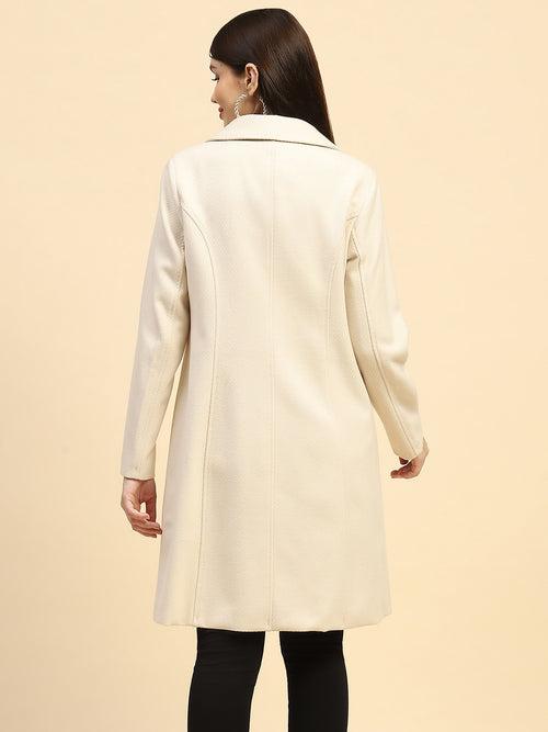 Cream Solid Poly Blend Relaxed Fit Long Coat