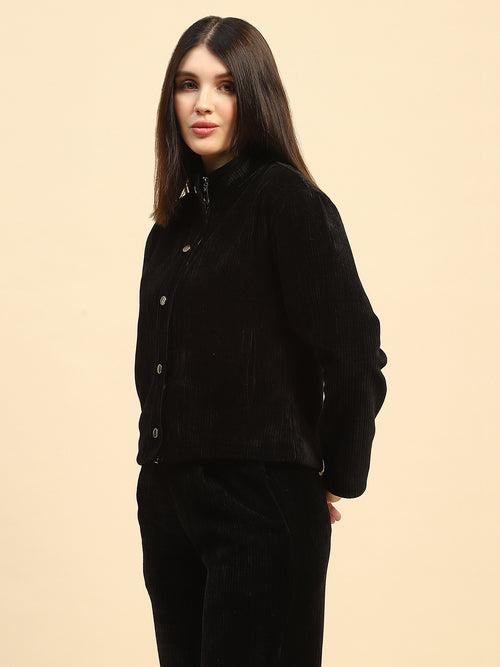 Black Solid Poly Blend Boxy Fit Jacket