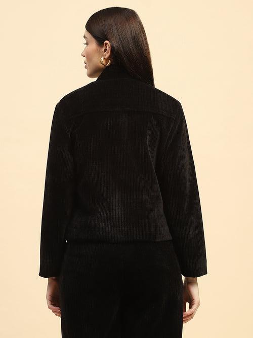 Black Solid Poly Blend Boxy Fit Jacket