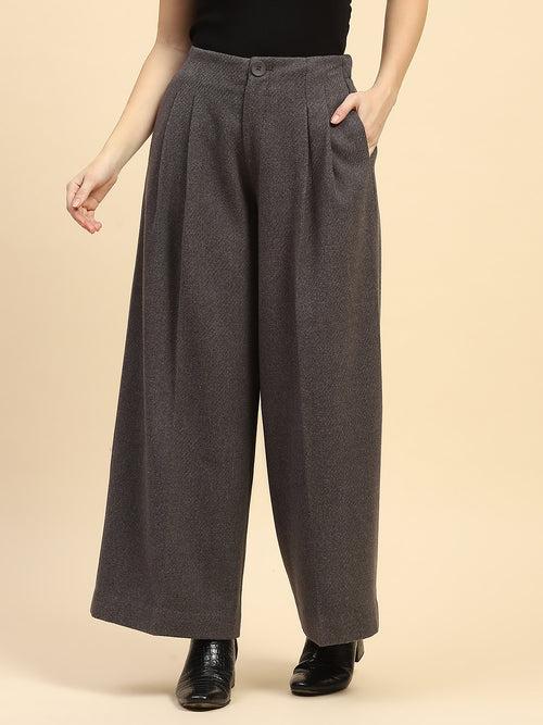 Grey Solid Poly Viscose Loose Fit Trouser For Winter