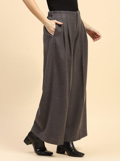 Grey Solid Poly Viscose Loose Fit Trouser For Winter