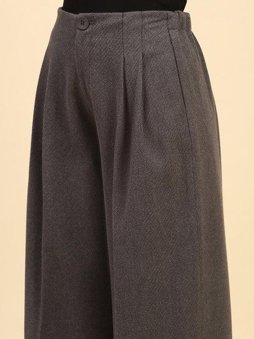 Grey Solid Poly Viscose Loose Fit Trouser For Winter