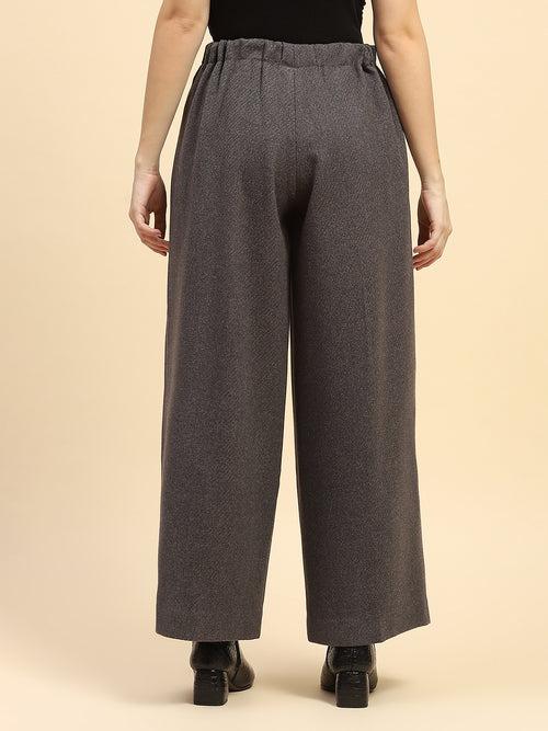 Grey Solid Poly Viscose Loose Fit Trouser For Winter