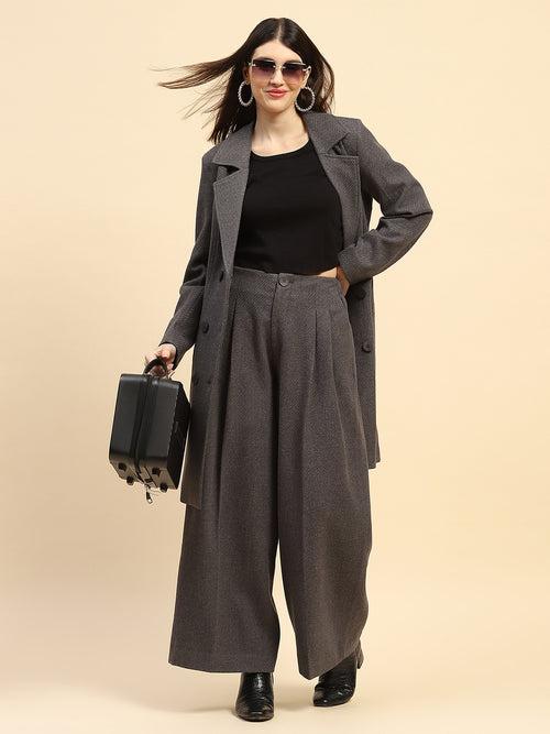 Grey Solid Poly Viscose Loose Fit Trouser For Winter