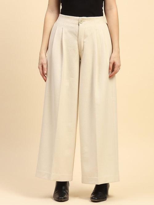 Cream Solid Poly Viscose Loose Fit Trouser For Winter