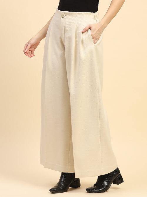 Cream Solid Poly Viscose Loose Fit Trouser For Winter