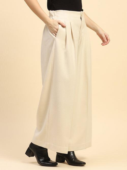 Cream Solid Poly Viscose Loose Fit Trouser For Winter