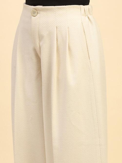 Cream Solid Poly Viscose Loose Fit Trouser For Winter