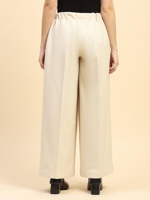 Cream Solid Poly Viscose Loose Fit Trouser For Winter