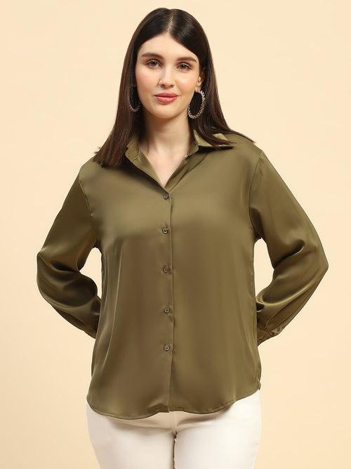 Russion Olive Solid Poly Blend Relaxed Fit Shirt