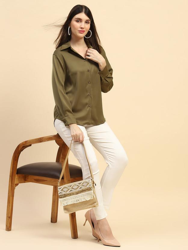 Russion Olive Solid Poly Blend Relaxed Fit Shirt