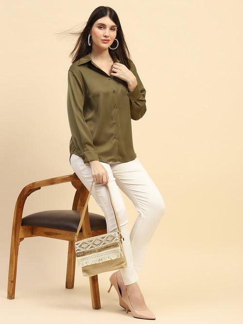 Russion Olive Solid Poly Blend Relaxed Fit Shirt