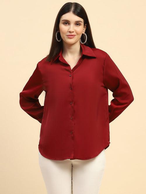 Red Solid Poly Blend Relaxed Fit Shirt