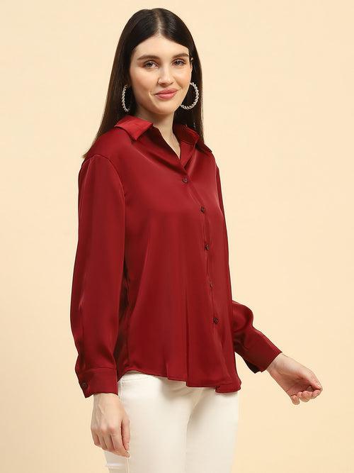 Red Solid Poly Blend Relaxed Fit Shirt