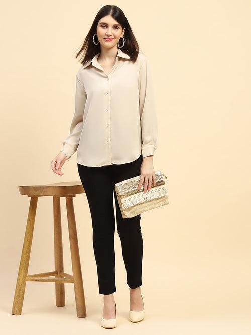 Sand Solid Poly Blend Relaxed Fit Shirt