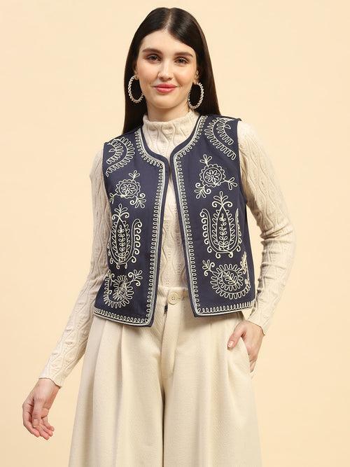 Navy Blue Embroidery Cotton Relaxed Fit Waist Coat