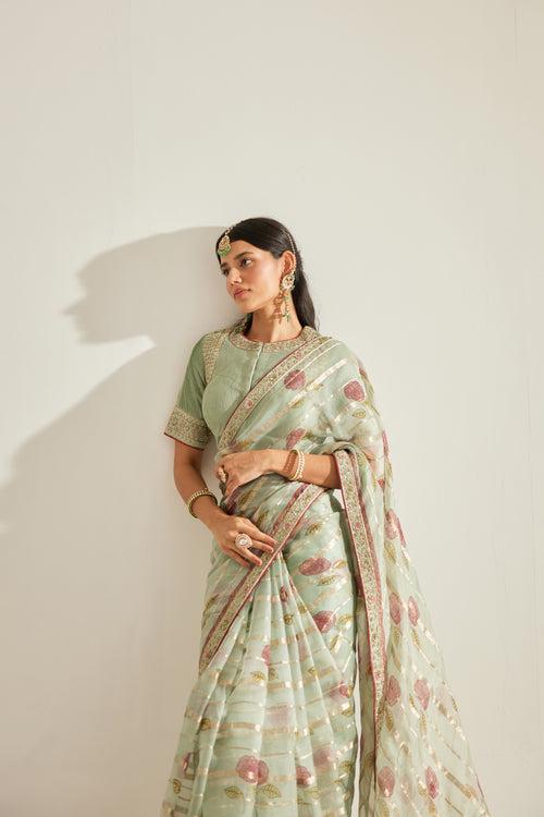 Smoke Green Saree Set