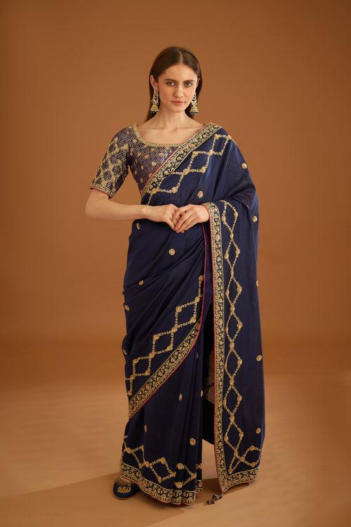 Dark Navy Blue Saree Set.