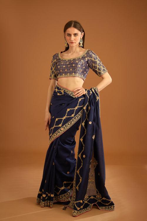 Dark Navy Blue Saree Set.