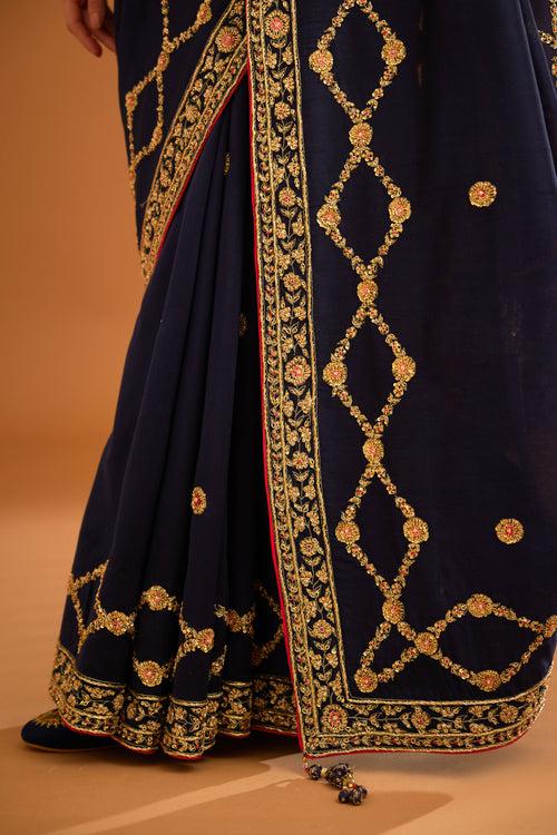 Dark Navy Blue Saree Set.